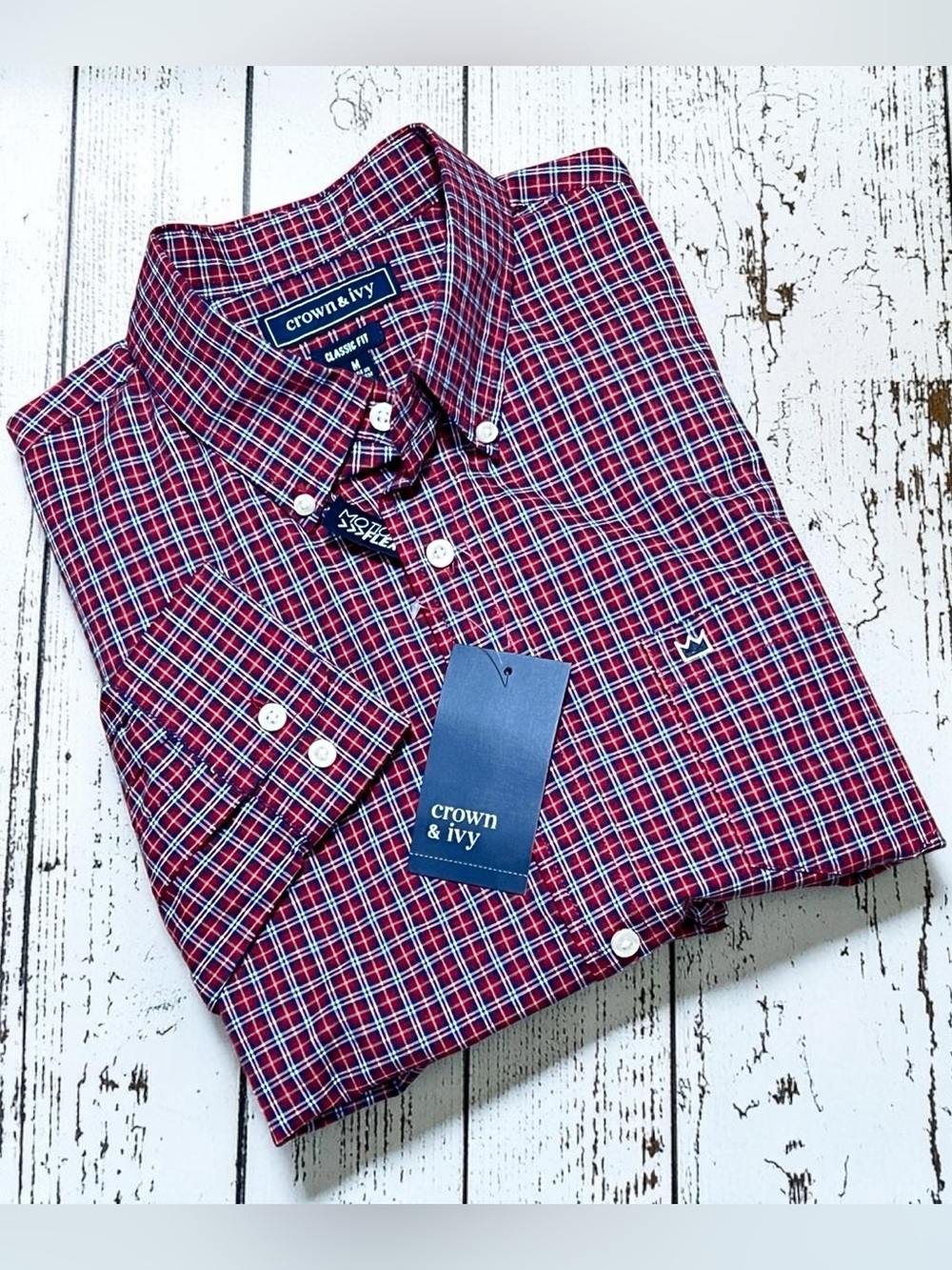 Crown & Ivy Classic Fit Red Mini Tattersall Check Shirt M Flex Button Up Preppy
